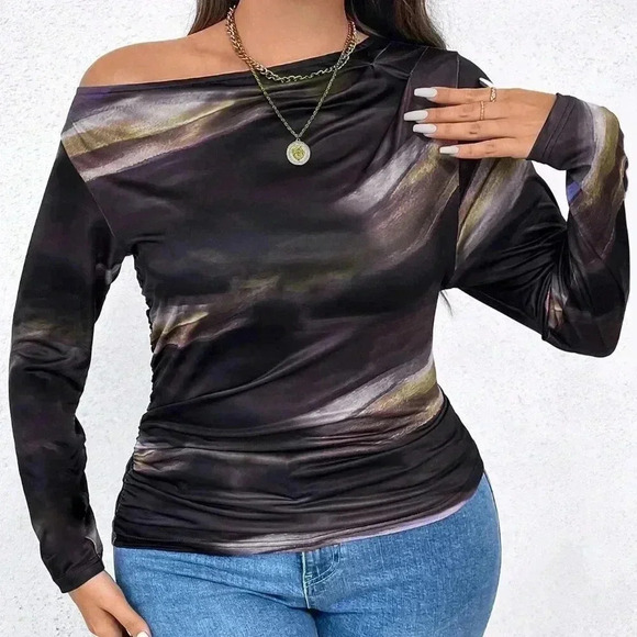 multicolor Casual Women's Plus Size Tie Dye Asymmetrical neck Shirt - Picture 6 of 6